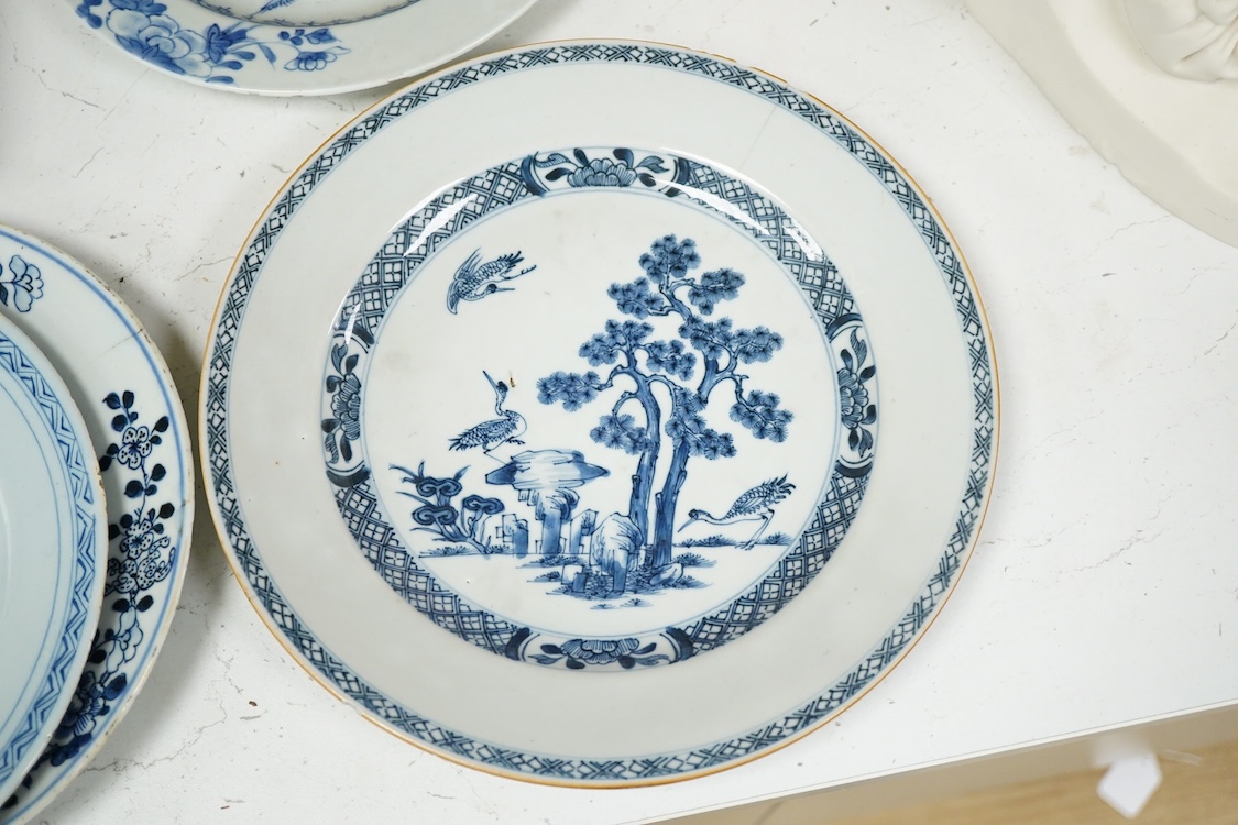 Four 18th century Chinese export blue and white dishes, four tea bowls and a Delft dish